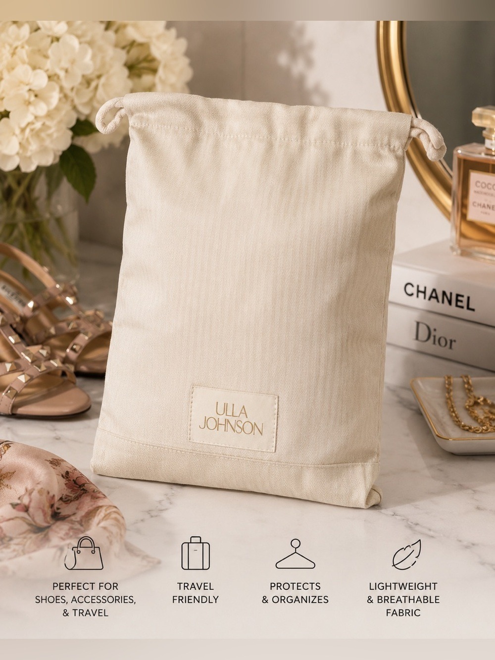Ulla Johnson Beige Drawstring Dust Bag | Shoe Bag Travel Pouch